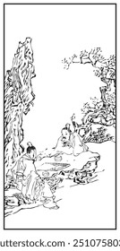 Intricate black-and-white illustration showcasing two figures engaged in a board game amidst a serene natural setting with trees and rocks.