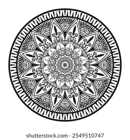 Mandala preto e branco intrincado para colorir,
Detalhada Simétrica Mandala Line Art, Floral Mandala Design para Arte e Artesanato