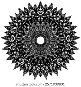 Intricate black-and-white mandala design with detailed symmetrical patterns radiating from the center. Ideal for coloring books, meditation art, tattoo designs, decorative projects, and spiritual-them