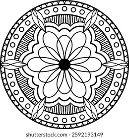 Intricate black-and-white mandala with floral and geometric patterns, ideal for coloring, meditation, decoration, and artistic designs.