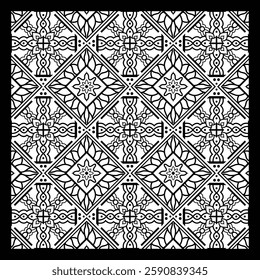 Intricate black-and-white seamless pattern with geometric and floral elements, perfect for backgrounds, textiles, wallpapers, and decorative designs.