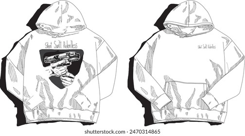 Una intrincada Ilustración vectorial de manos en blanco y negro cargando una pistola, integrada a la perfección en una elegante sudadera con capucha.