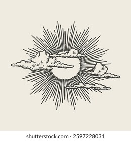 Intricate black-and-white vintage engraving of a sun shining behind the clouds, radiating cosmic energy.