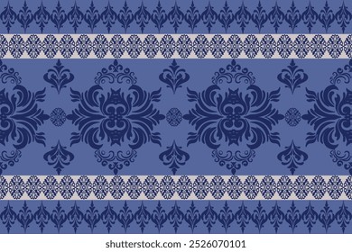 Verwickeltes blaues barockes Blumenmuster mit dekorativen Rändern und Vintage Damast Design - Elegantes symmetrisches Motiv für Tapete, Textil oder Grafikdesign mit verzierten Blumenelementen 