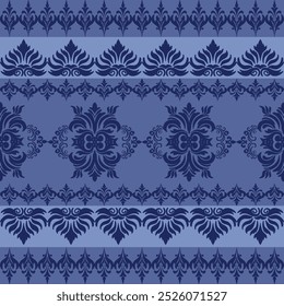 Intricate Blue Baroque Floral Pattern with Decorative Borders and Vintage Damask Design – Elegant Symmetrical Motif for Wallpaper, Textile, or Graphic Design Featuring Ornate Floral Elements 