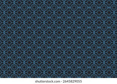 Padrão geométrico azul e preto intrincado que se repete perfeitamente em um fundo escuro