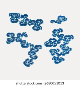 Intricate blue cloud patterns in a traditional Asian style. These swirling cloud designs evoke a sense of tranquility and cultural richness. Perfect for Asian-themed projects. Vintage nature vector.