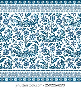 intricate blue ethnic floral seamless pattern with decorative border for carpets and wrapping
