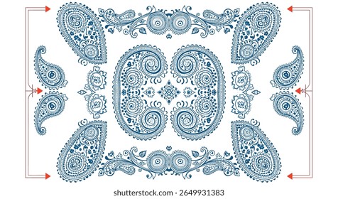 Intricate blue floral paisley pattern border design elements for decoration