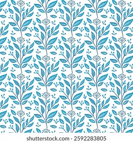 intricate blue floral pattern with circular painting inspired details for textile and background
