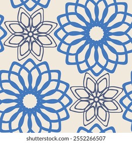 Intricate blue floral pattern on a soft cream backdrop. The overlapping, layered flowers create a sense of depth and movement, making it ideal for modern home decor.
