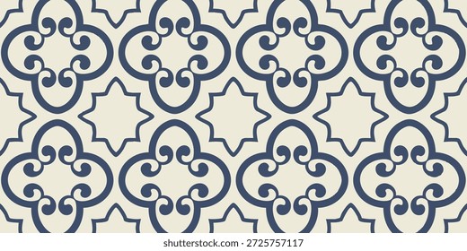 Patrón floral azul intrincado sobre un fondo crema con diseño simétrico repetitivo visto directamente desde arriba