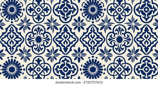 Intricate blue floral pattern on a white background with repeating symmetrical designs viewed from directly above