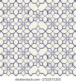 Padrão geométrico azul intrincado em um fundo branco com motivos florais e desenhos simétricos