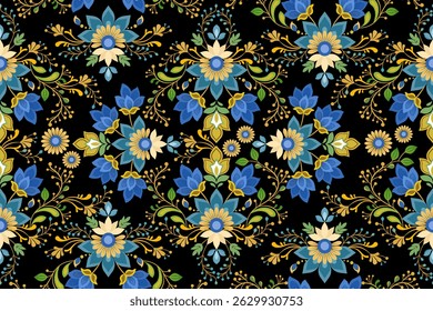 Padrão floral azul e dourado intrincado no fundo preto. Padrão Botânico Ornatado Sem Costura. Vintage Inspirado Flor Motif. Folk Art Flor Ilustração. Ornamento floral rico e colorido da Boêmia.