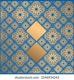 Intricate blue and gold geometric pattern showcasing floral designs in a modern artistic style suitable for interior decoration