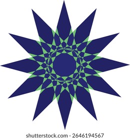 Intricate blue and green geometric starburst pattern with vibrant radial lines.