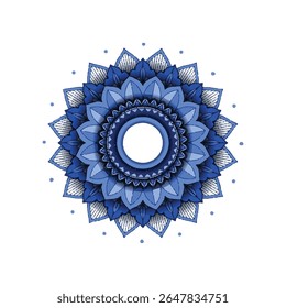 Intricate blue and grey mandala design with layered petals and geometric patterns, perfect for meditation, yoga, spiritual themes, or decorative backgrounds. Isolated on white.
