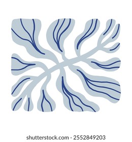 Intricate blue leaf design with elegant lines and organic shapes. Vector hand drawn illustration in freehand style