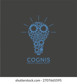Icono de bombilla azul intrincado, construido con engranajes y un cerebro, irradiando innovación estratégica impactante, representada con una clara iluminación de Vector.
