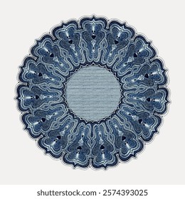 Intricate blue mandala with floral patterns. Blue mandala radiates elegance. This mandala design captivates with its blue floral symmetry. Vintage illustration isolated on white background, vector.