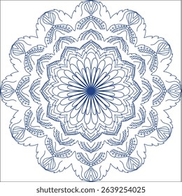 Intricate blue mandala line art design on a white background. This decorative circular pattern features floral and geometric elements, perfect for use in spiritual art, textile prints, wall art, medit