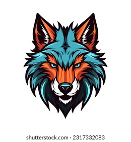 Intricate blue orange wolf head hand drawn logo design illustration. Captivating and powerful symbol of strength and resilience