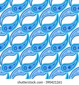 Intricate Blue Paisley seamless pattern. Vector weave background. Unusual garland. Decorative floral elements. Hippie boho chic ornament. Vector fabric print, wallpaper, furniture, paper.