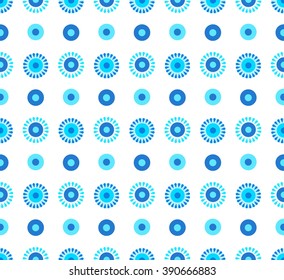 Intricate blue polka dot seamless pattern. Regular dotted background from decorative round ornaments. Abstract flowers. Hippie boho chic. Vibrant decorative water bubbles. Sea holiday motif.