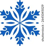 Intricate blue snowflake design featuring delicate patterns on a white background, representing the beauty of winter, Christmas celebrations, cold weather, and icy precipitation