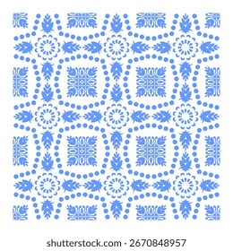 Intricate Blue and White Floral Pattern, Seamless Geometric Floral Tile