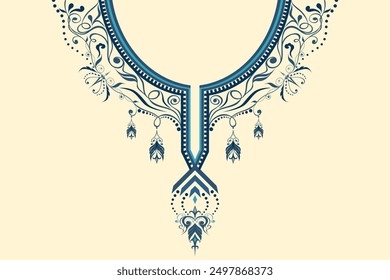 Un intrincado diseño de cuello de tapiz azul y blanco, que recuerda a los patrones tradicionales de Oriente Medio y el sudeste asiático. Perfecto para su uso en presentaciones culturales, decoración