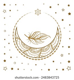 Intricate bohemian style golden mandala featuring a crescent moon and star, surrounded by delicate floral patterns and magic feather decor. Vector illustration.