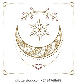 Intricate bohemian style vector mandala featuring a crescent moon and star, surrounded by delicate floral patterns on a white background.
