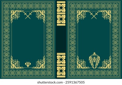 Intricate book cover design showcasing crossed swords and a viking helmet, blending green and gold hues with detailed borders. Hand drawn Illustration