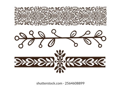 Intricate border and frame borders, floral ornament motif dividers, modern decorations. Vintage flower embellishments or borders and corner frames decor, scroll swirl dividers with flower and leaf 