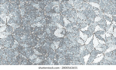 Intricate botanical leaf silhouettes formed by a dense grid of blue and black halftone dots, set against a bright white background surface.