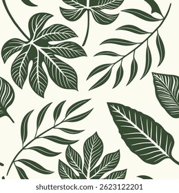 Intricate Botanical Mosaic Pattern Featuring Diverse Green Leaves on Light Background