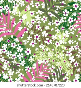 Intricate Botanical Seamless Pattern. Sakura Flowers In Cartoon Style Mixed With Exotic Tropical Leaves And Plants. Flower Buds Silhouettes All Over The Print. Flat Summer Botanical Background.