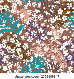 Intricate botanical seamless pattern. Sakura flowers in cartoon style mixed with exotic tropical leaves and plants. Flower buds silhouettes all over the print. Flat summer botanical background.