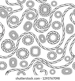 Intricate braided wave lines vector seamless pattern. Black and white doodle interesting braids ornament. Intricacy ornamental monochrome background. Modern design with waves,  curves, circles, shapes