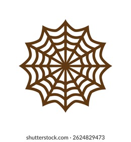 Intricate brown cobweb symmetrically spreads across a white canvas creating an ornate geometric artwork