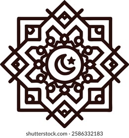 An intricate brown geometric Islamic pattern with a crescent moon, representing Islamic art and Ramadan.