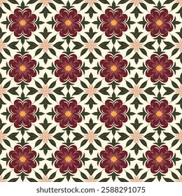 Intricate Burgundy and Green Floral Tile Seamless Pattern