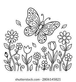 Intricate butterfly design flying over flowers in a natureinspired black and white illustration
