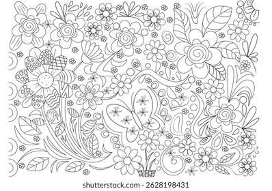 Intricate Butterfly and Flowers Doodle Line Art, Black and white hand-drawn line art illustration featuring a butterfly among a dense pattern of stylized flowers, leaves, sun, and basket elements.