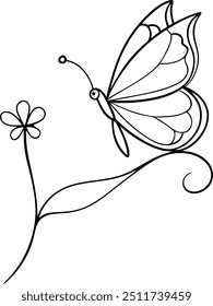 Intricate Butterfly Line Art with Delicate Flower
