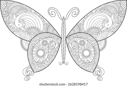 Intricate Butterfly Line Art Illustration, Black and white detailed line art illustration of a butterfly with ornate patterns on its wings and body, perfect for coloring books, design projects, or