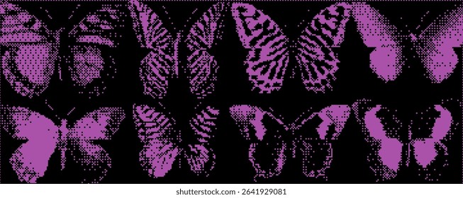 Intricate butterfly patterns are artistically arranged in varying designs, featuring vivid purple shades. Bitmap y2k zine bg. 