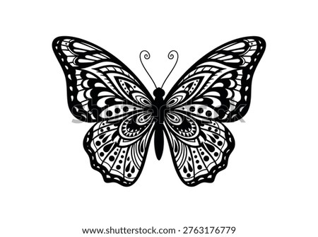 Intricate butterfly vector. Symmetrical black insect with detailed, ornate wing patterns. Ideal for artistic and graphic applications. White background.